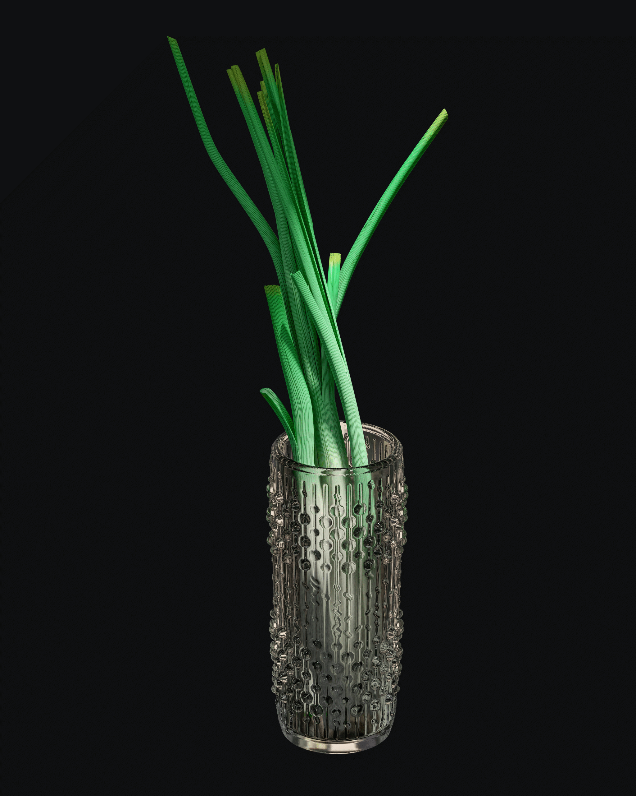 Glass vase with scallions on a black background
